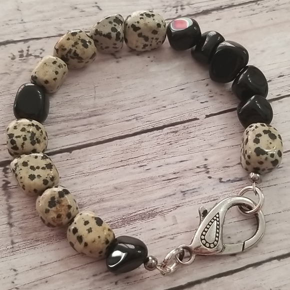 Dalmatian Jasper, Black Obsidian bracelet - Picture 7 of 8